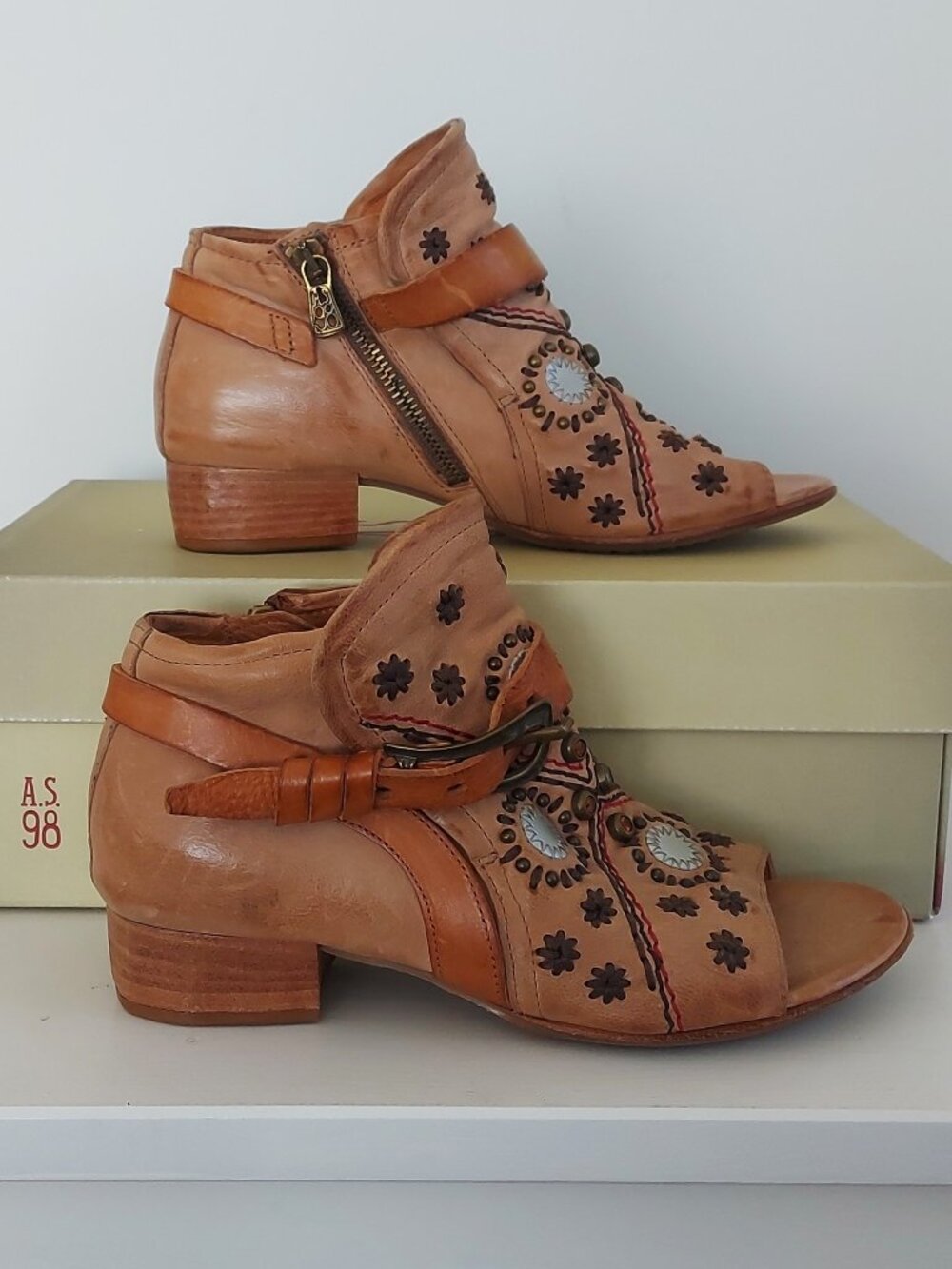 AS98 Italian Leather Open-Toe Handcrafted Ankle Bootie - Size 37 (US 7) NWT